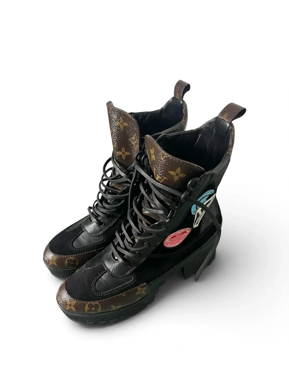 Louis Vuitton Black Leather & Brown Monogram Lace-Up Combat Boots